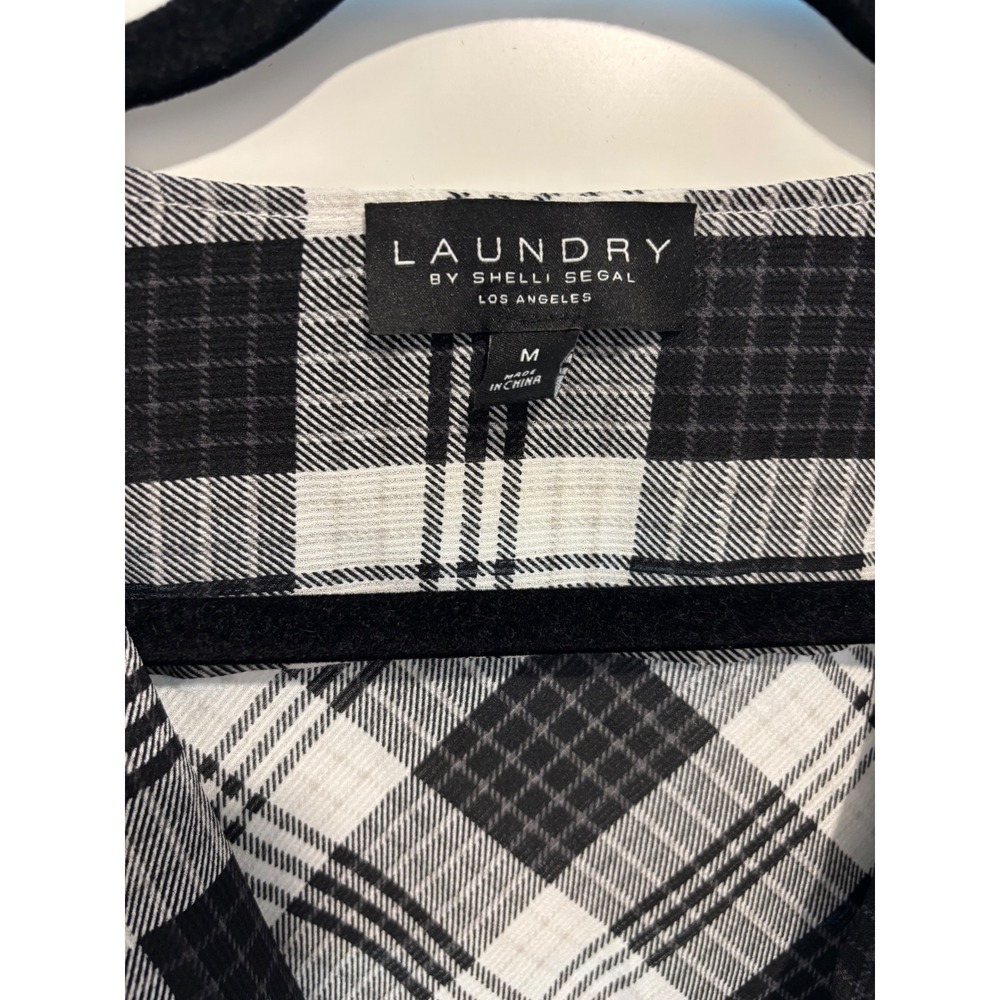 Laundry Shelli Segal Womens Black White Plaid V-Neck Long Sleeve Blouse Size M - Picture 2 of 2